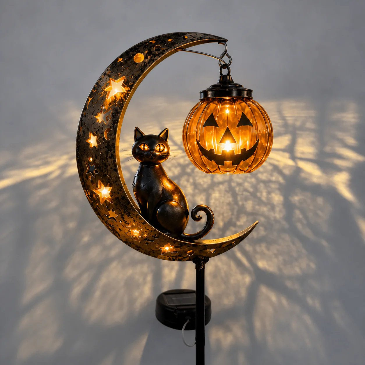 🎃 Solar Black Cat & Pumpkin Moon Stake Light
