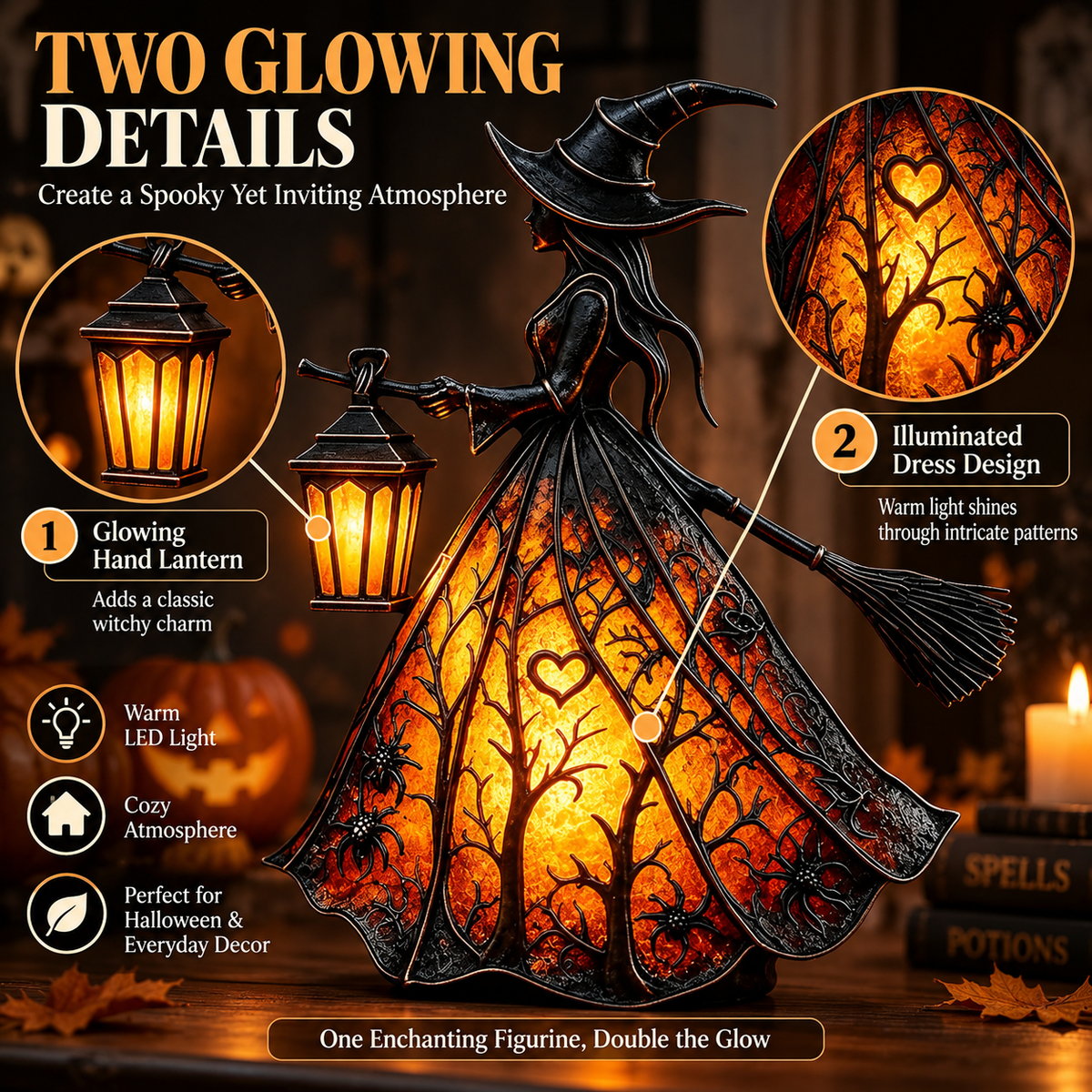 7-Inch Lighted Gothic Witch Lantern – Warm LED Halloween Figurine for Mantel, Shelf & Table Decor
