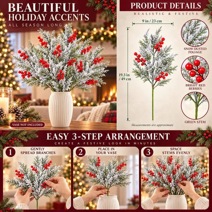 6 Pcs Artificial Frosted Christmas Pine-Cedar Stems with Red Berries, Snowy Evergreen Picks for Holiday Vase Decor 🎄