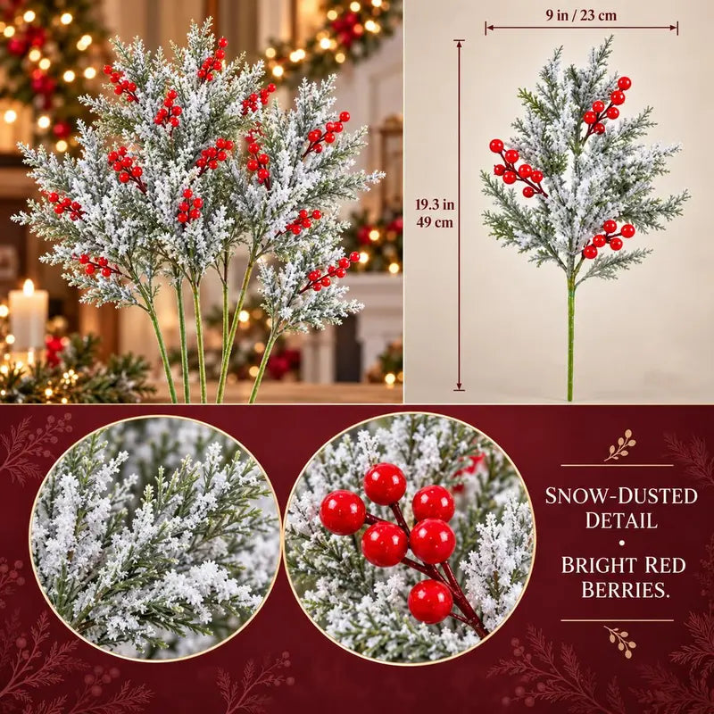 6 Pcs Artificial Frosted Christmas Pine-Cedar Stems with Red Berries, Snowy Evergreen Picks for Holiday Vase Decor 🎄
