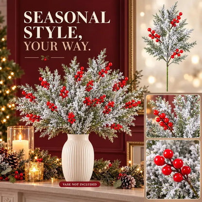 6 Pcs Artificial Frosted Christmas Pine-Cedar Stems with Red Berries, Snowy Evergreen Picks for Holiday Vase Decor 🎄