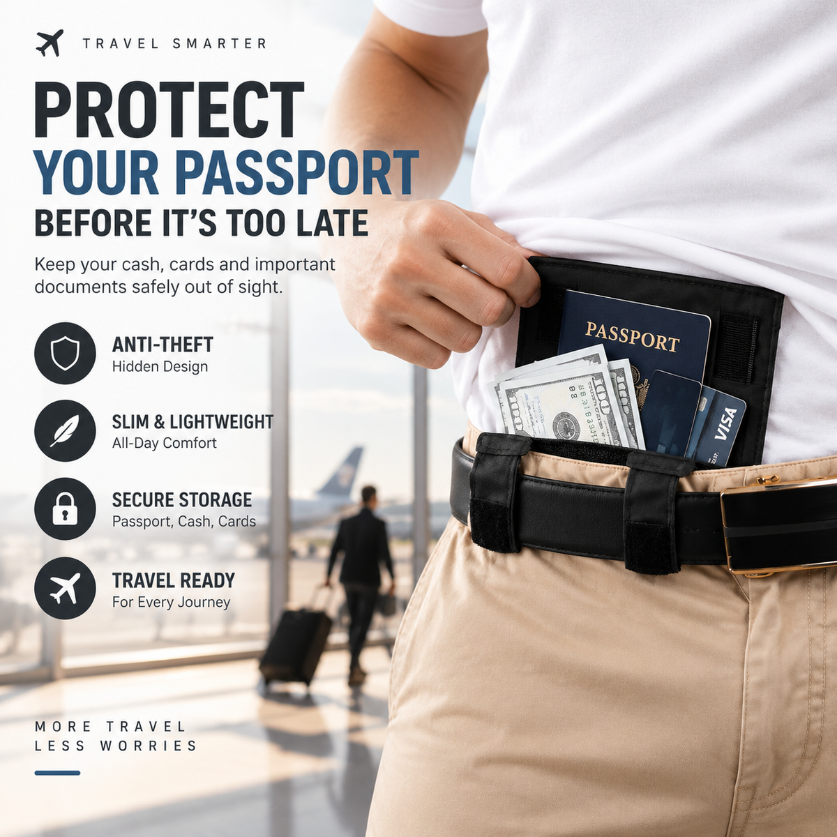 ✈️ Hidden Anti-Theft Passport Pouch – Slim Travel Security Belt Wallet for Cash, Cards & Documents