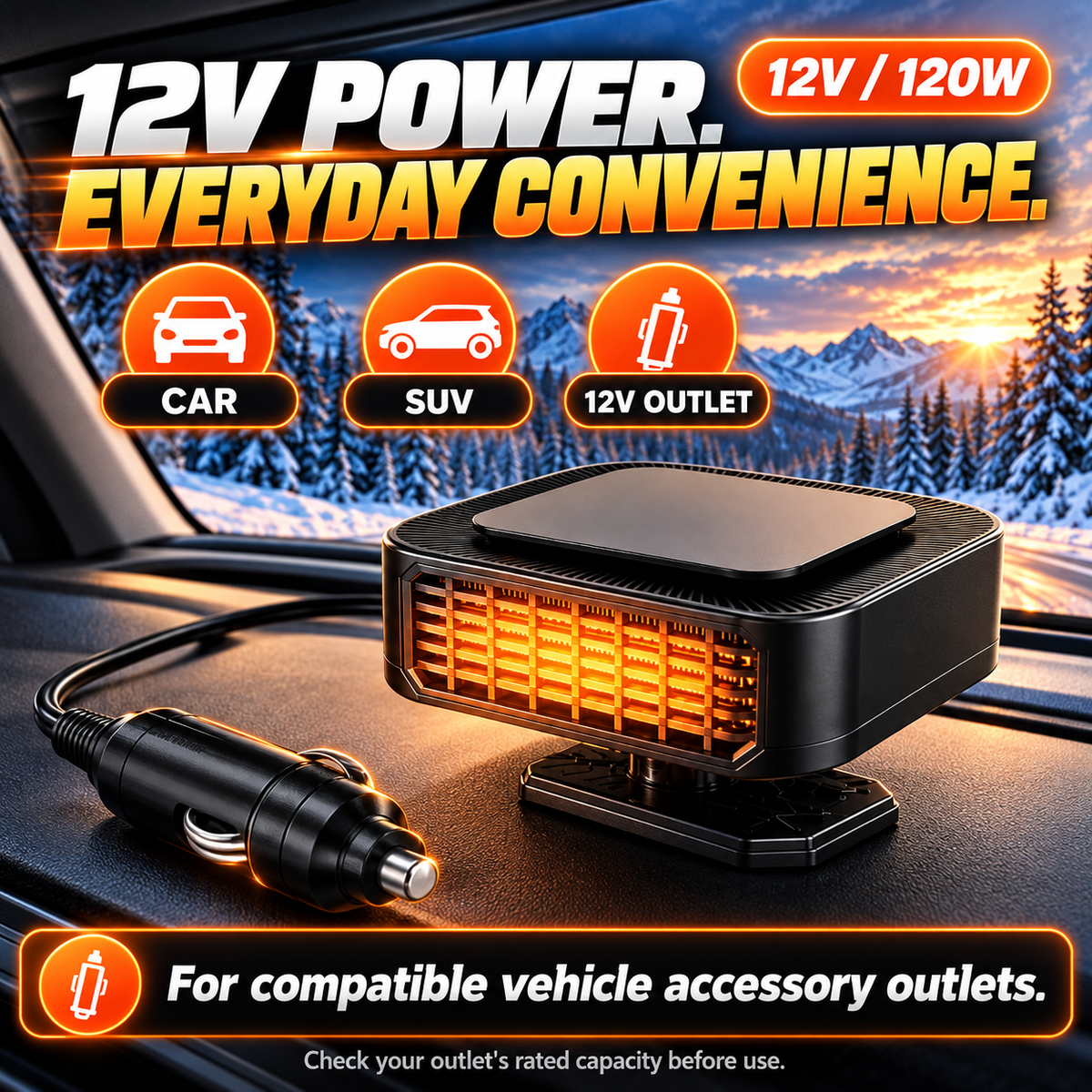 Portable Car Heater Defroster with 360-Degree Rotating Base
