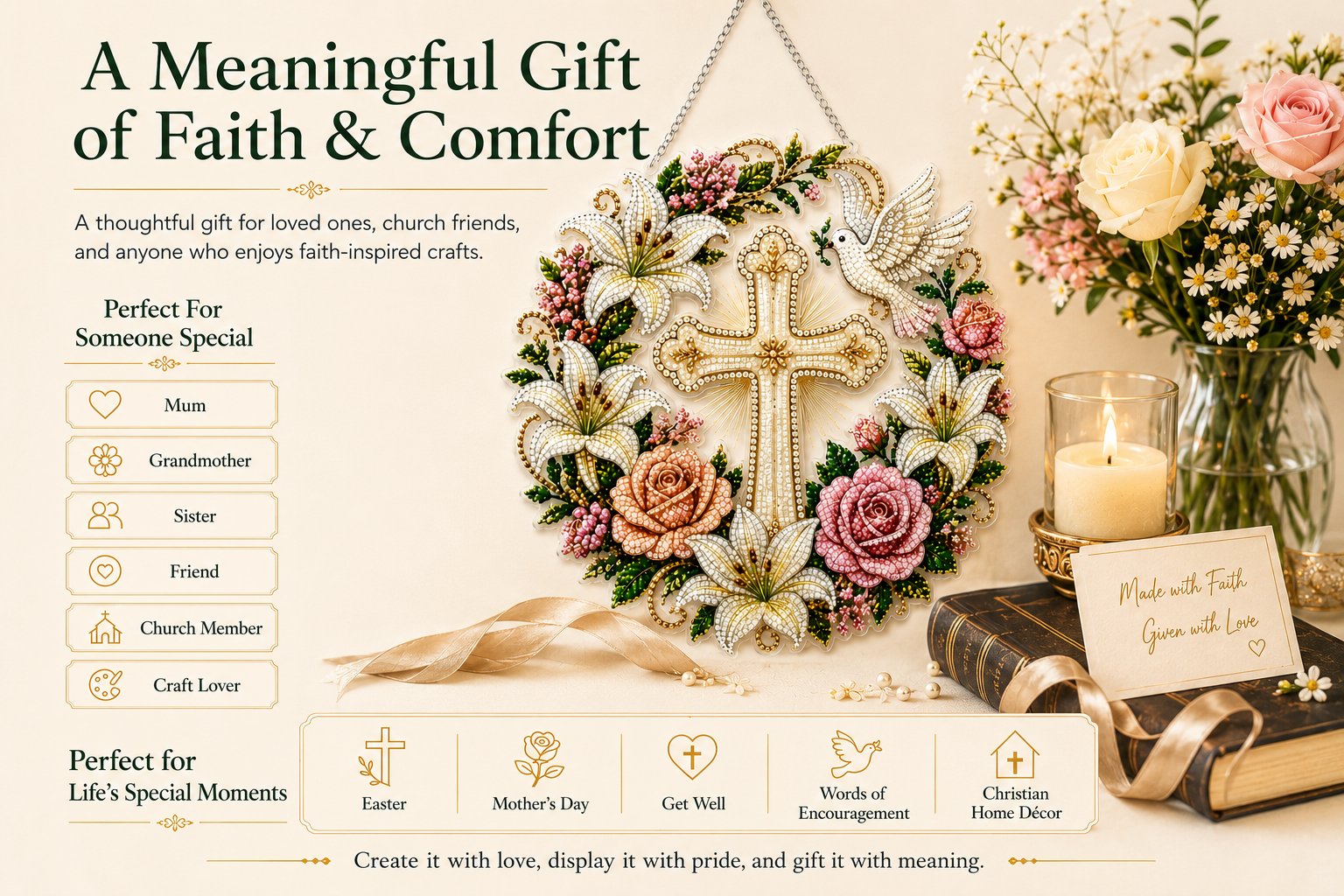 Christian Cross & Dove Diamond Art Hanging Ornament Kit