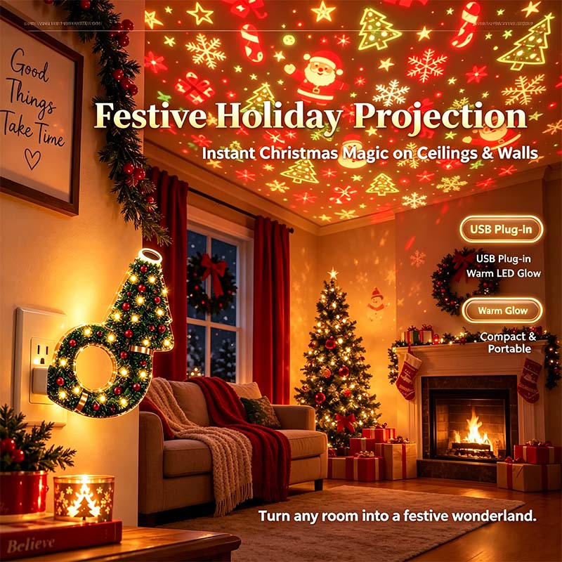 USB Plug-In Christmas Projector Night Light, 6+ Holiday Pattern Ceiling Lamp🎄