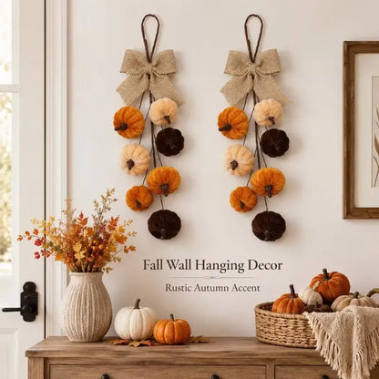 Fall Pumpkin Wall Hanging Decor, Velvet-Look Pumpkin Garland with Rustic Burlap Bow