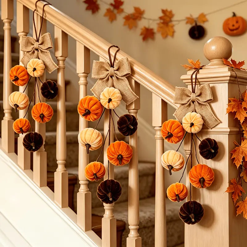 Fall Pumpkin Wall Hanging Decor, Velvet-Look Pumpkin Garland with Rustic Burlap Bow
