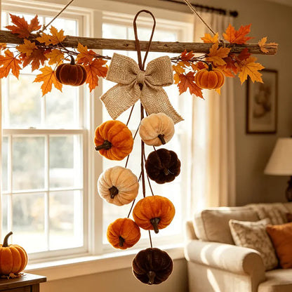 Fall Pumpkin Wall Hanging Decor, Velvet-Look Pumpkin Garland with Rustic Burlap Bow
