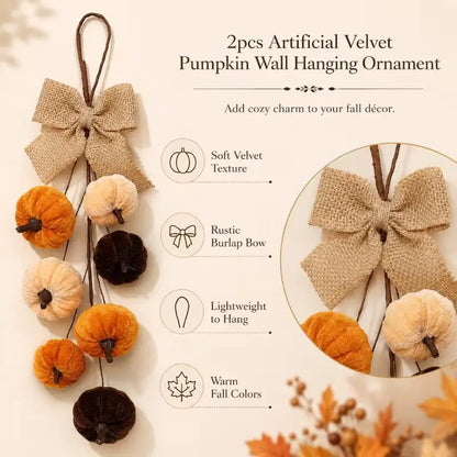 Fall Pumpkin Wall Hanging Decor, Velvet-Look Pumpkin Garland with Rustic Burlap Bow