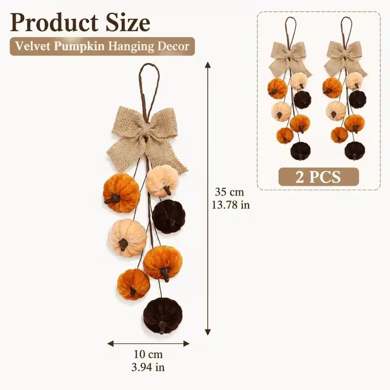 Fall Pumpkin Wall Hanging Decor, Velvet-Look Pumpkin Garland with Rustic Burlap Bow