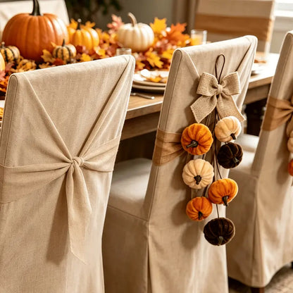 Fall Pumpkin Wall Hanging Decor, Velvet-Look Pumpkin Garland with Rustic Burlap Bow