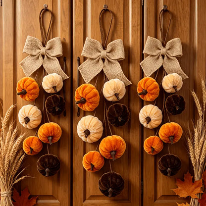 Fall Pumpkin Wall Hanging Decor, Velvet-Look Pumpkin Garland with Rustic Burlap Bow