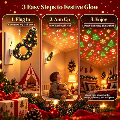 USB Plug-In Christmas Projector Night Light, 6+ Holiday Pattern Ceiling Lamp🎄