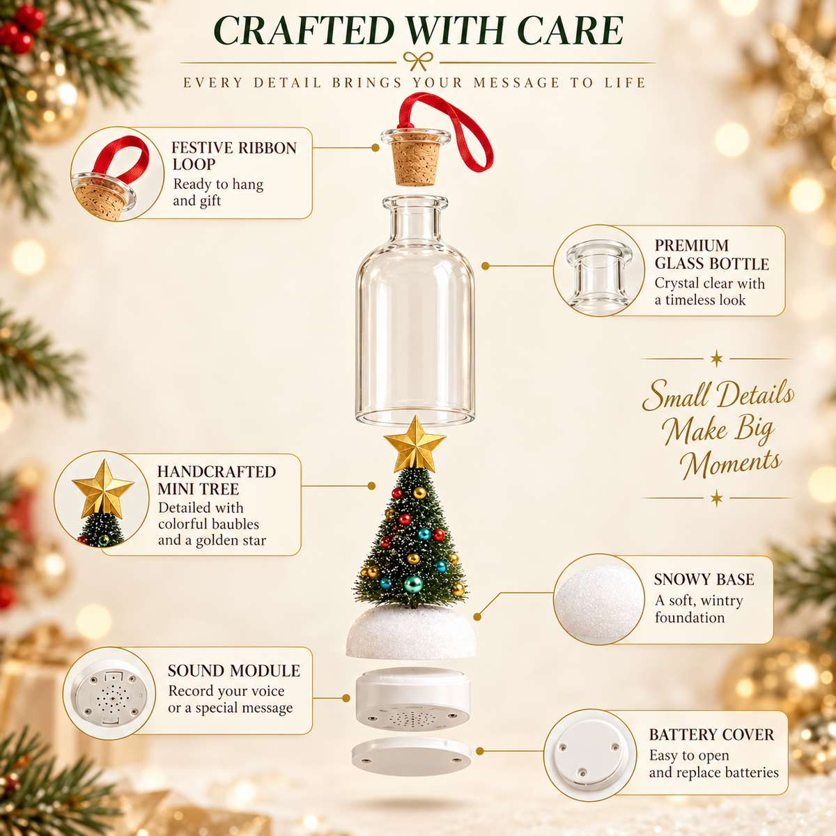 🎄 Recordable Glass Bottle Christmas Ornament, 8in Voice Recording Keepsake, Snowy Tree Scene