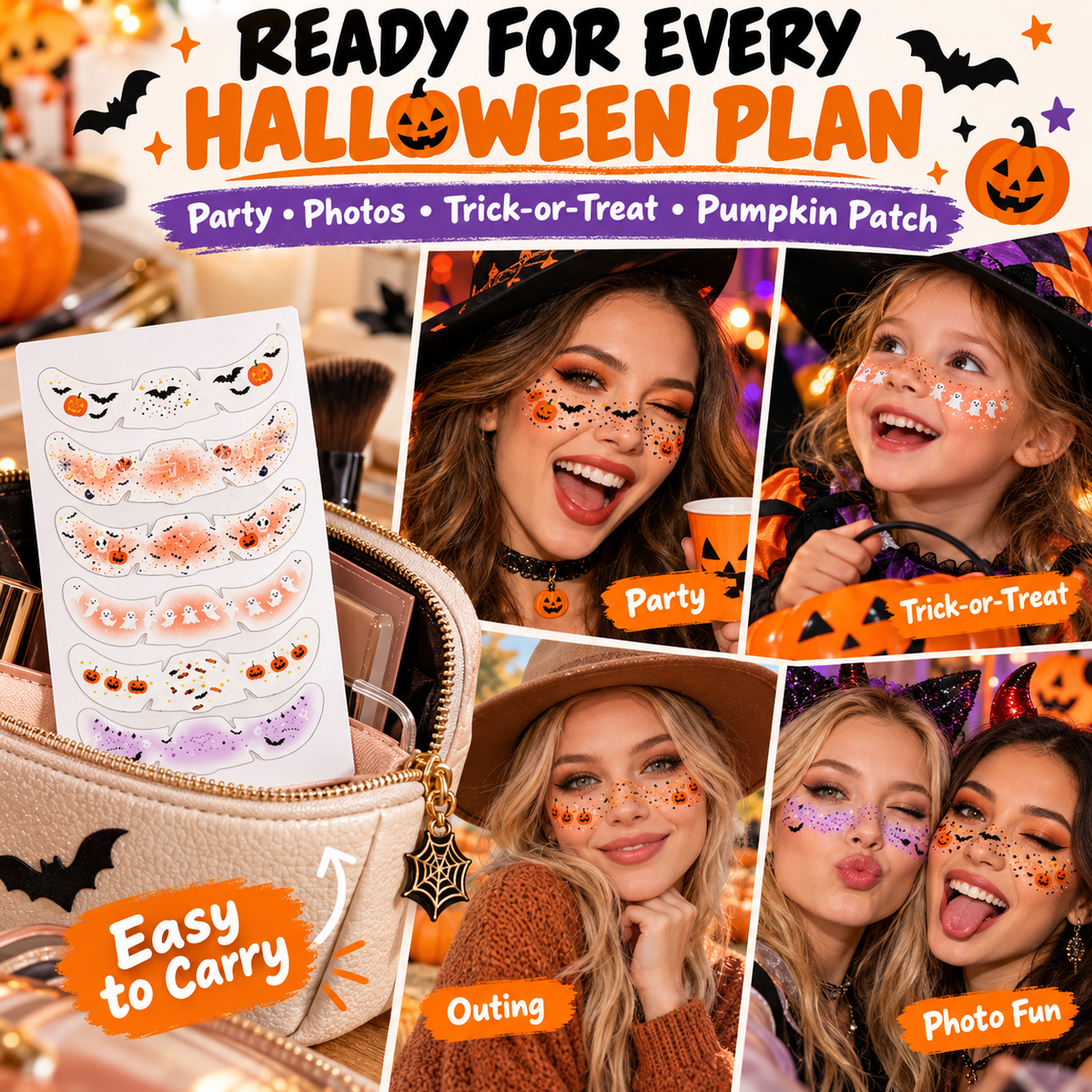 🕷️ 6-Pack Halloween Temporary Freckles & Bat Face Decals