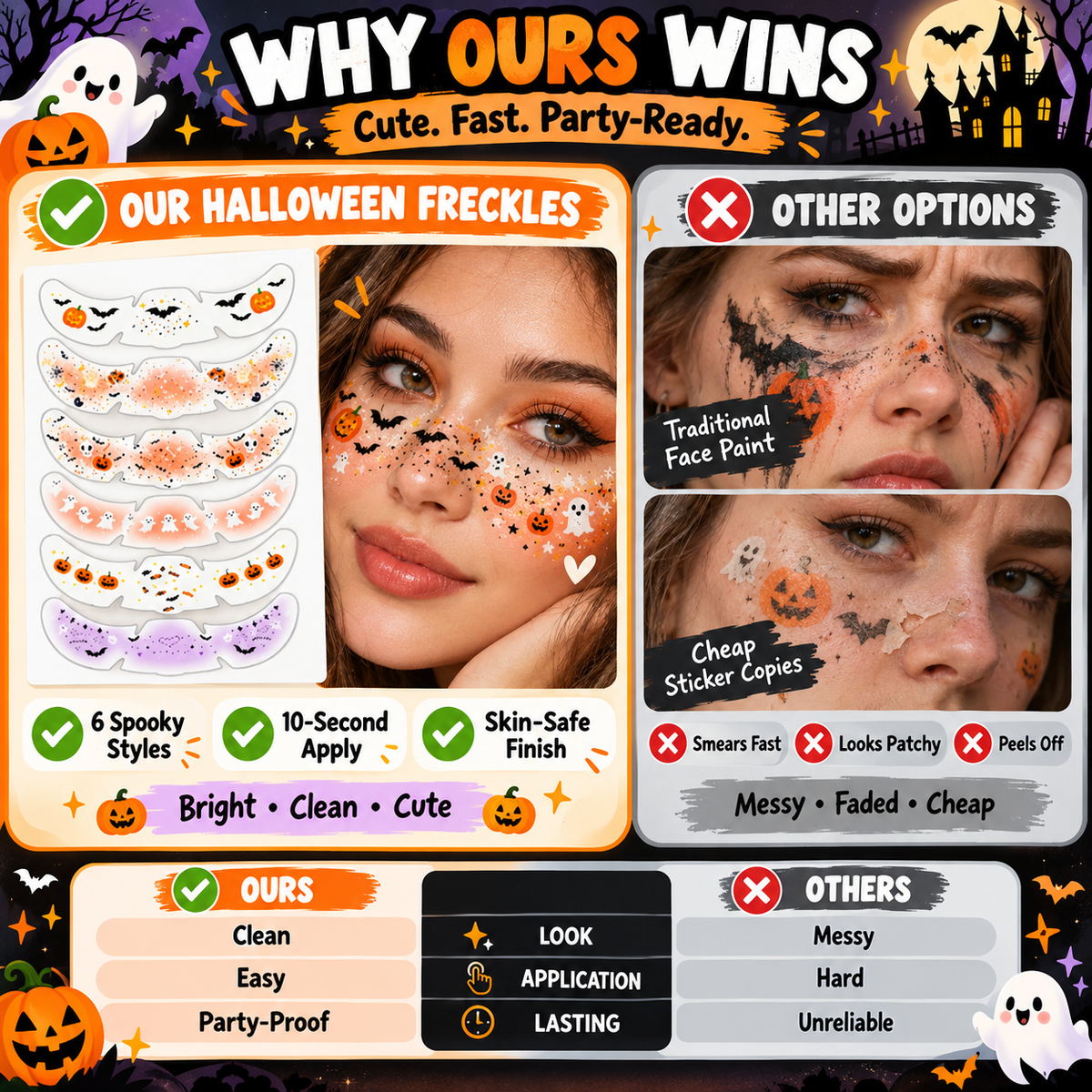 🕷️ 6-Pack Halloween Temporary Freckles & Bat Face Decals