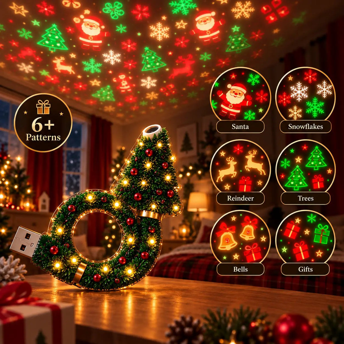 USB Plug-In Christmas Projector Night Light, 6+ Holiday Pattern Ceiling Lamp🎄