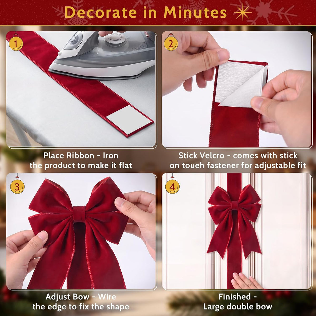 4-Pack Burgundy Velvet Christmas Cabinet Bows