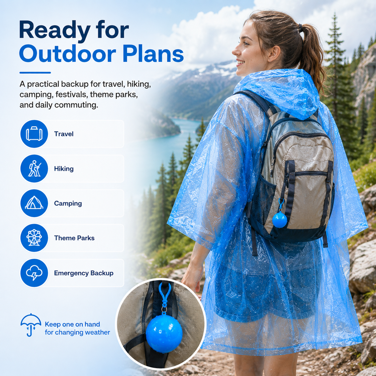 ☔ Portable Rain Poncho Ball Waterproof Hooded Raincoat Clip‑On Case