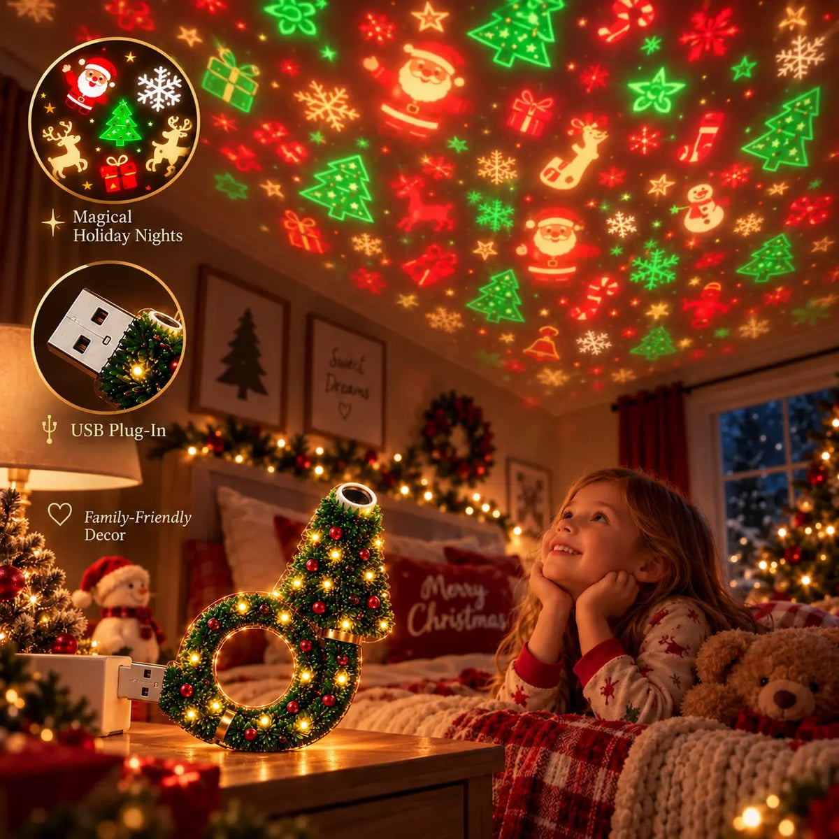 USB Plug-In Christmas Projector Night Light, 6+ Holiday Pattern Ceiling Lamp🎄