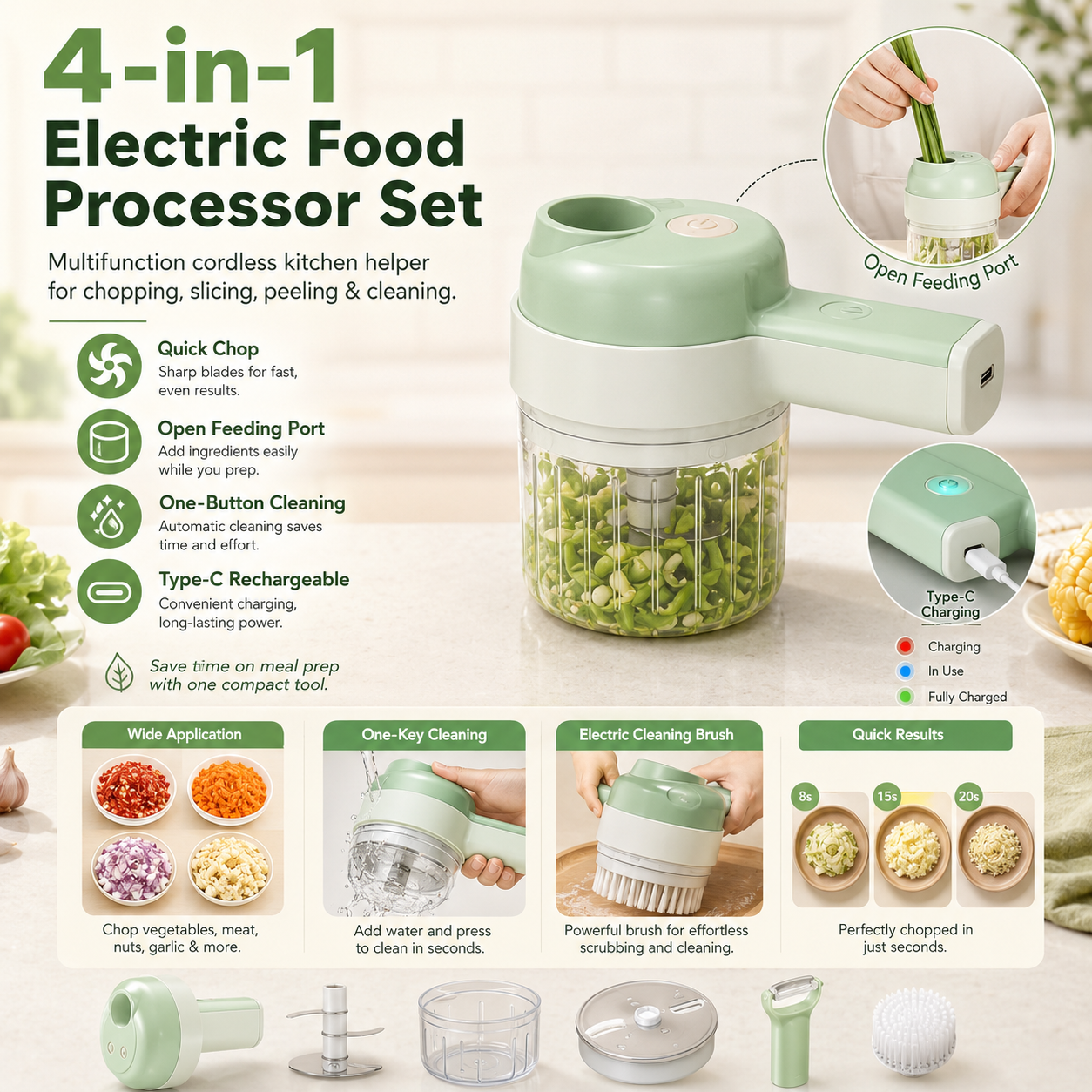 4‑in‑1 Handheld Electric Food Chopper‑ USB Rechargeable Mini Blender with Open Feeding Port