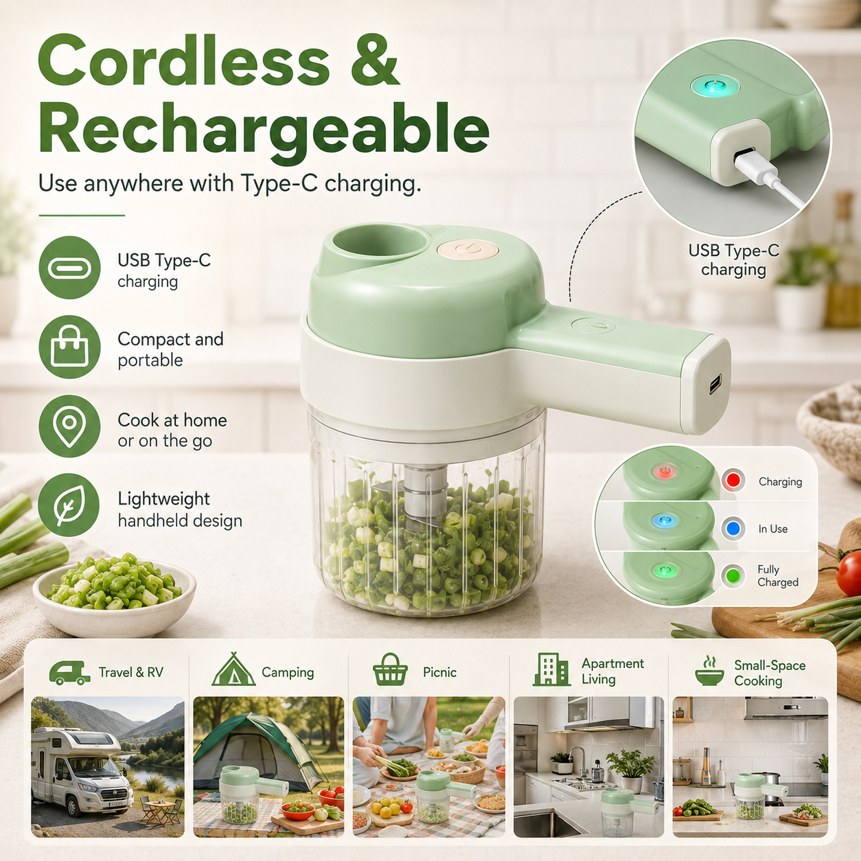 4‑in‑1 Handheld Electric Food Chopper‑ USB Rechargeable Mini Blender with Open Feeding Port
