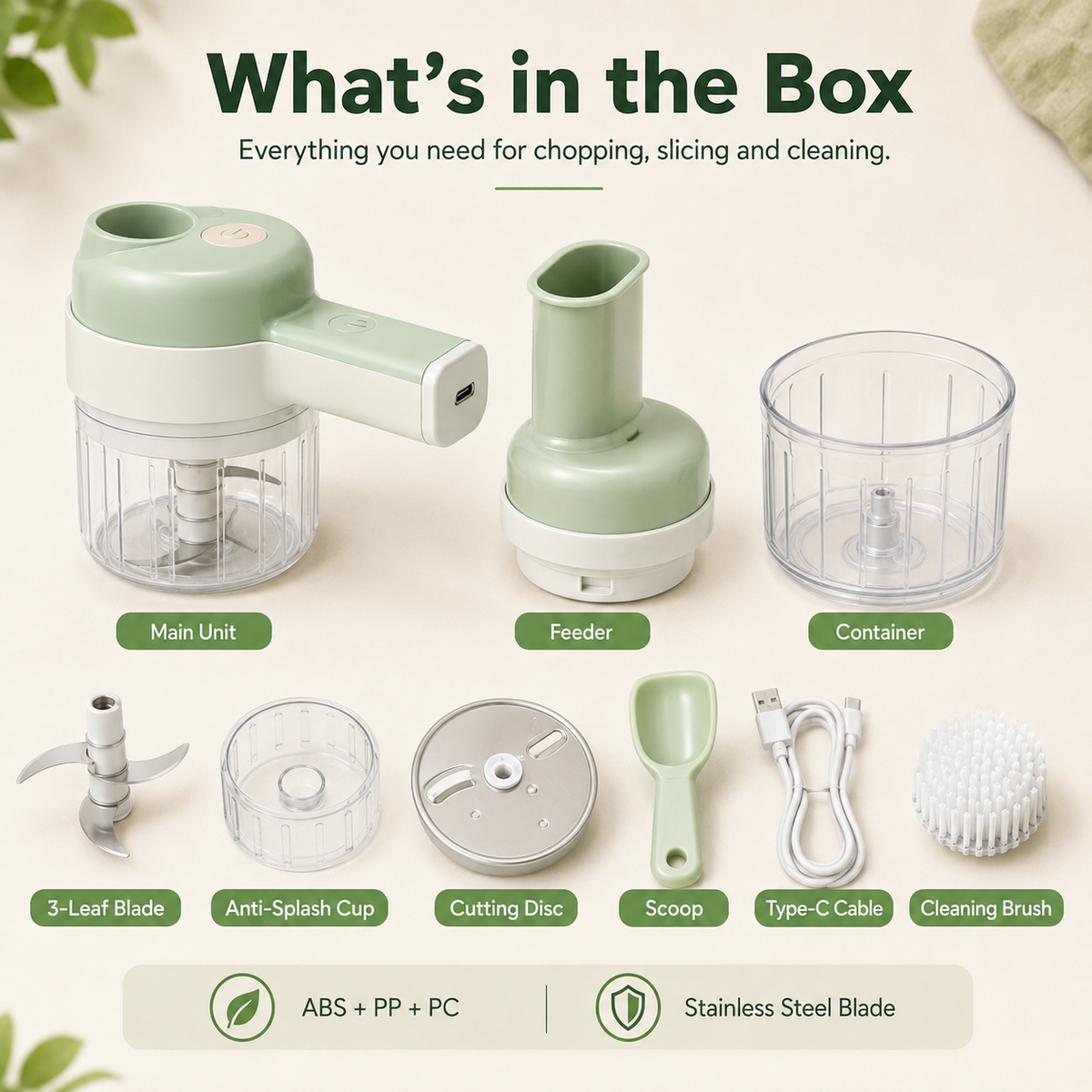 4‑in‑1 Handheld Electric Food Chopper‑ USB Rechargeable Mini Blender with Open Feeding Port