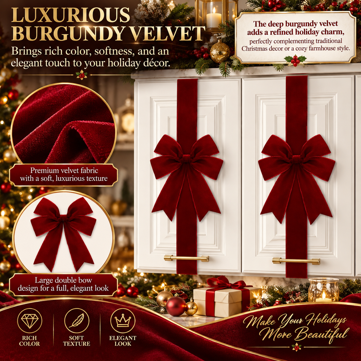 4-Pack Burgundy Velvet Christmas Cabinet Bows
