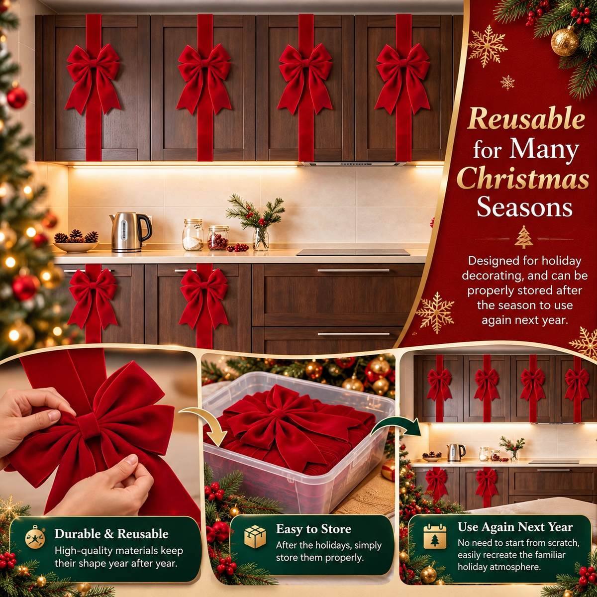 4-Pack Burgundy Velvet Christmas Cabinet Bows