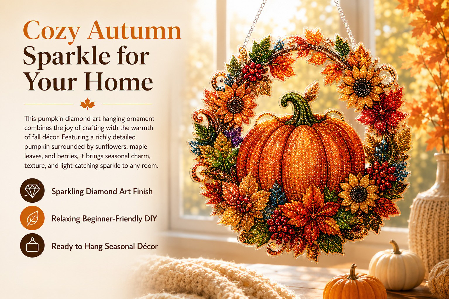 Autumn Harvest Pumpkin Diamond Art Hanging Ornament Kit