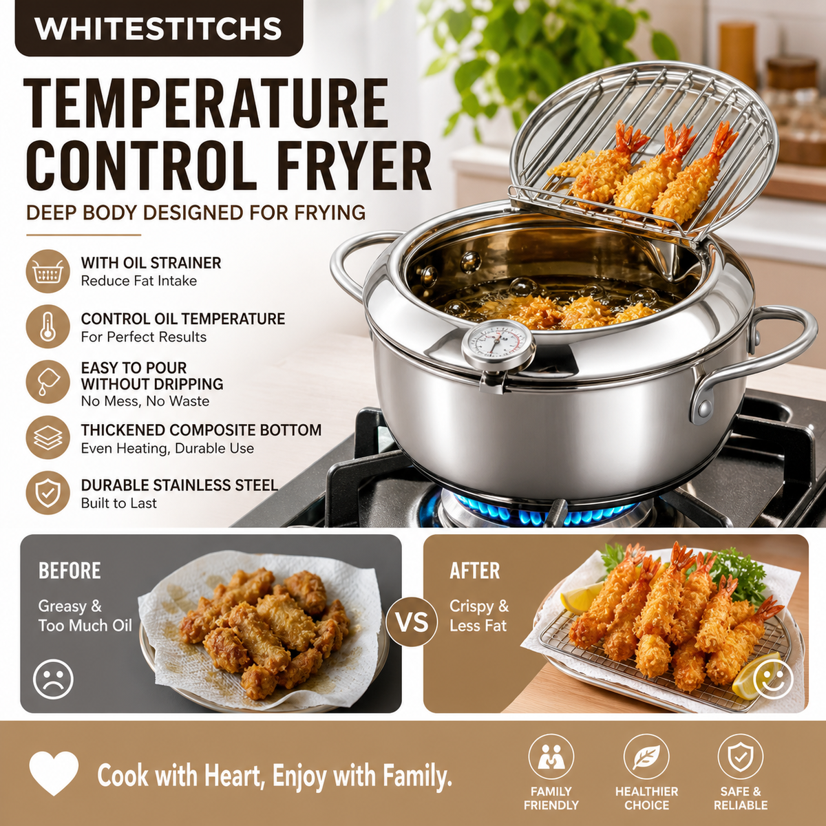 304 Stainless Steel Tempura Fryer Pot – Thermometer, Drain Rack, Deep‑Body ✨