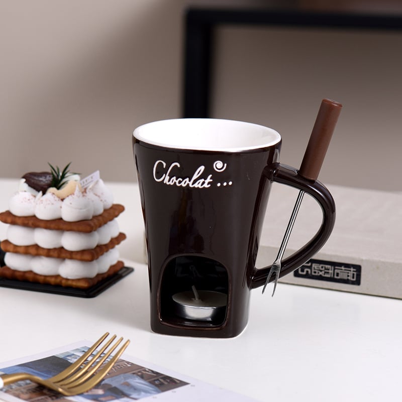 Ceramic Fondue Set – Chocolate, Cheese & Butter Melting Pot with Fork and Tealight Candle