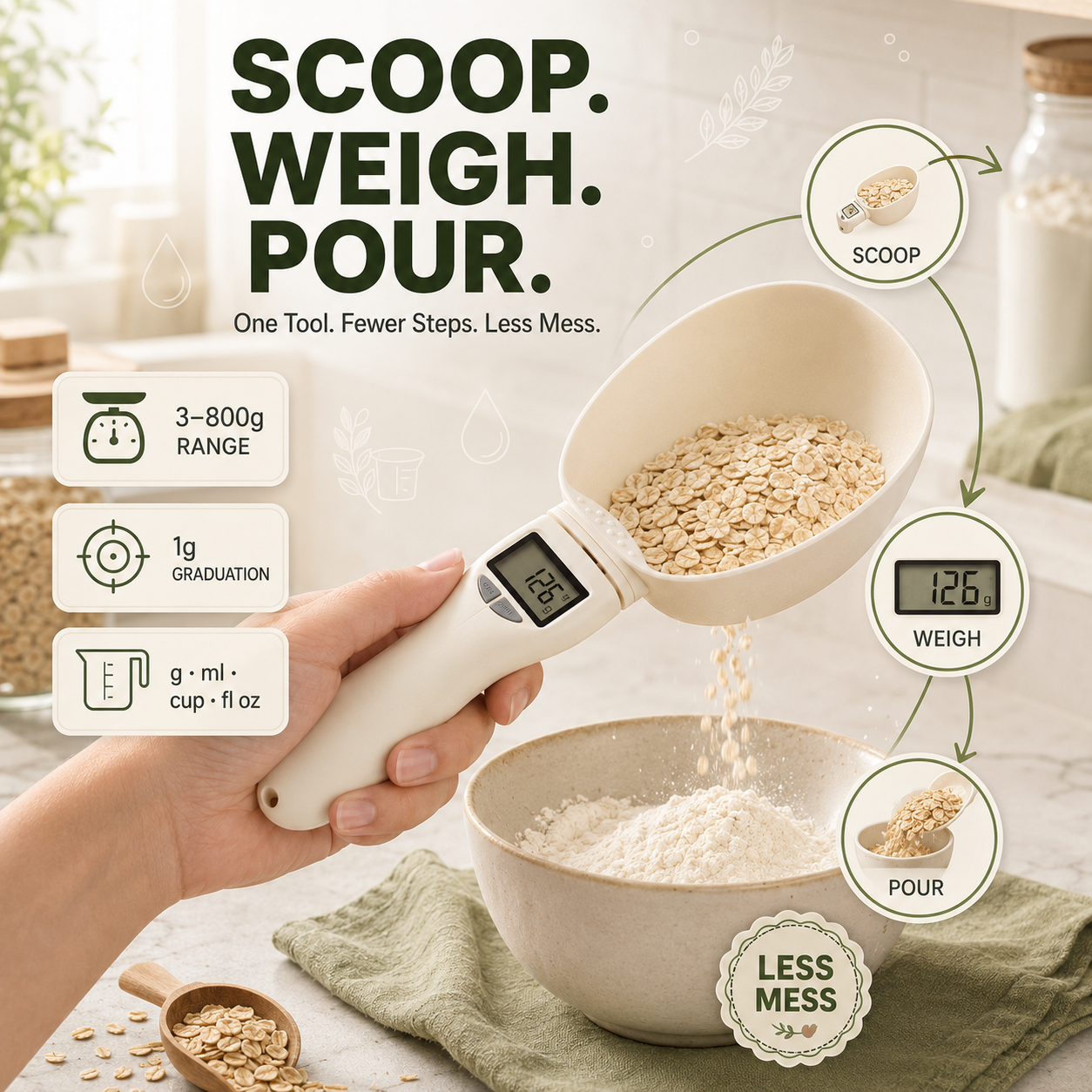 Digital Kitchen Scoop Scale – Scoop, Weigh & Pour