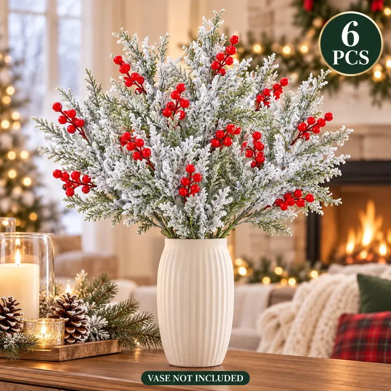 6 Pcs Artificial Frosted Christmas Pine-Cedar Stems with Red Berries, Snowy Evergreen Picks for Holiday Vase Decor 🎄