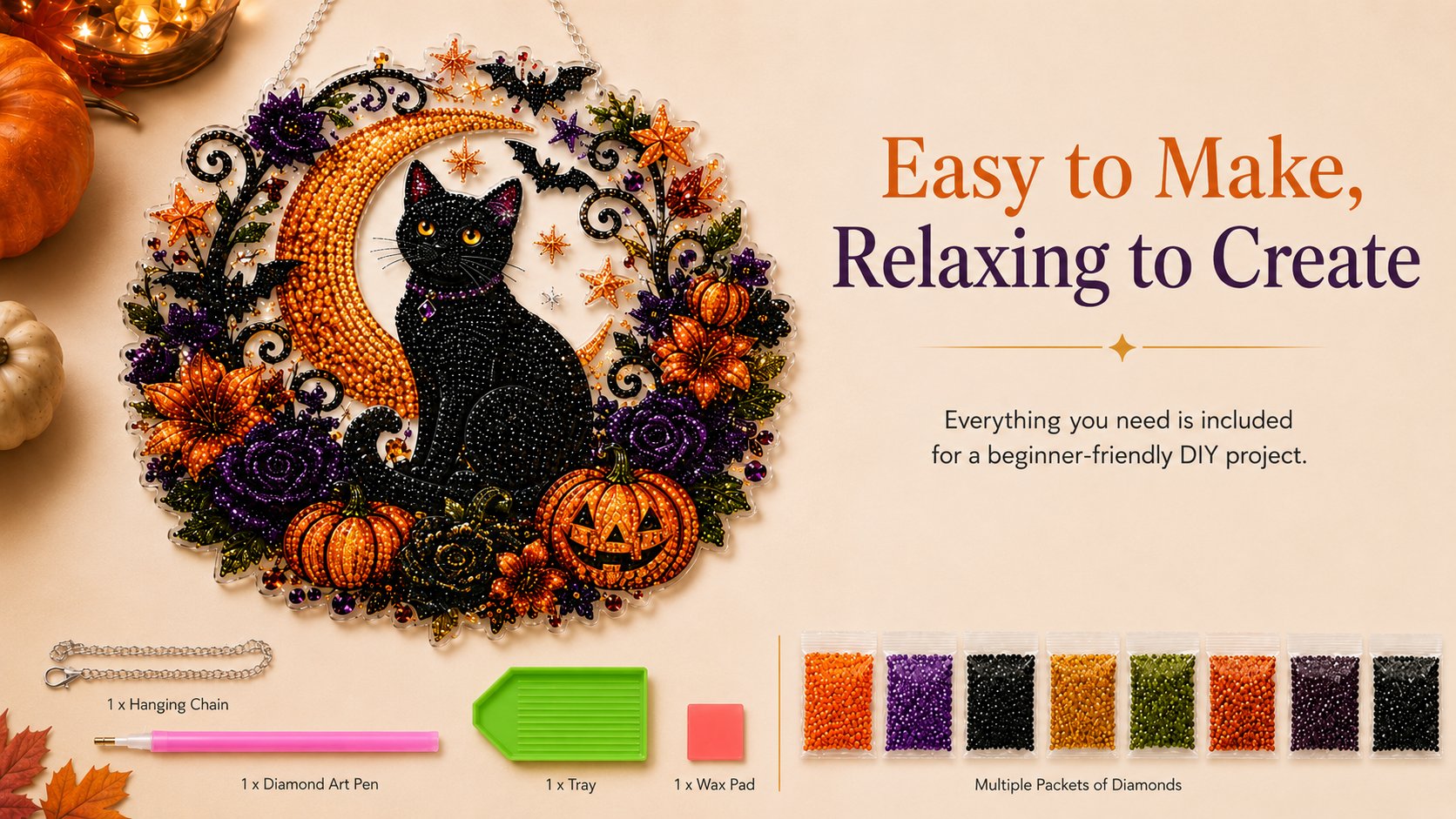 Black Cat Moon Diamond Art Hanging Ornament Kit – Relaxing DIY Halloween Craft