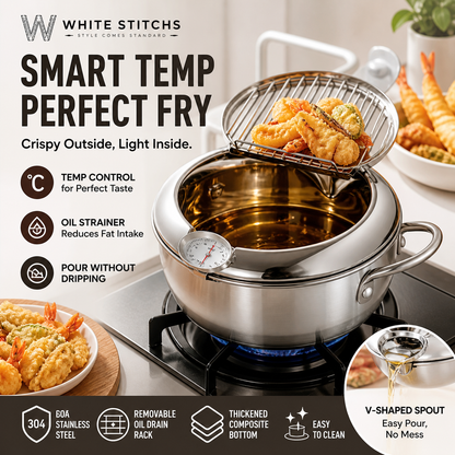 304 Stainless Steel Tempura Fryer Pot – Thermometer, Drain Rack, Deep‑Body ✨
