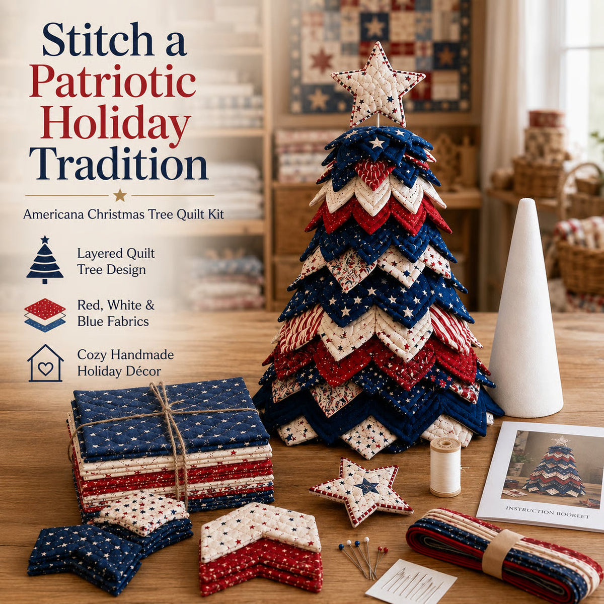 Americana Christmas Tree Quilt Kit – Easy Layered Fabric Holiday Décor for Quilting Lovers