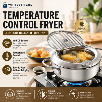 304 Stainless Steel Tempura Fryer Pot – Thermometer, Drain Rack, Deep‑Body ✨
