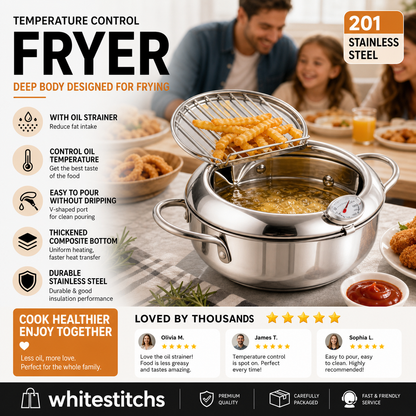 304 Stainless Steel Tempura Fryer Pot – Thermometer, Drain Rack, Deep‑Body ✨
