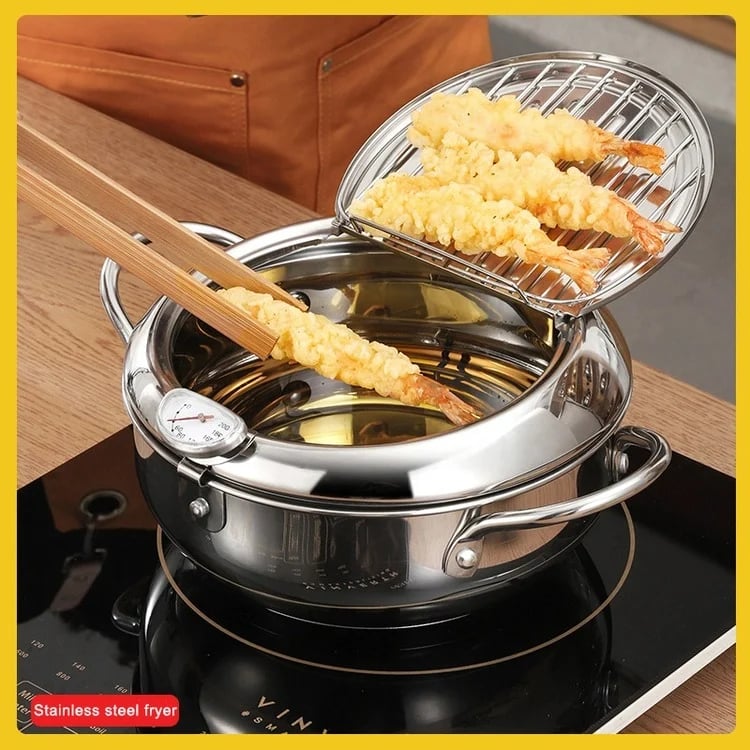 304 Stainless Steel Tempura Fryer Pot – Thermometer, Drain Rack, Deep‑Body ✨