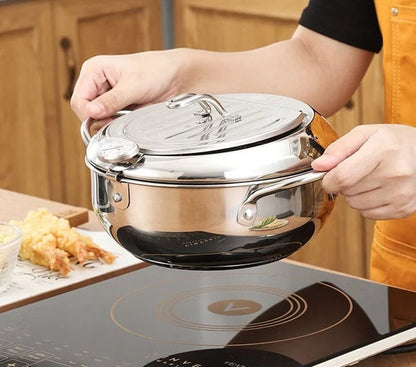304 Stainless Steel Tempura Fryer Pot – Thermometer, Drain Rack, Deep‑Body ✨