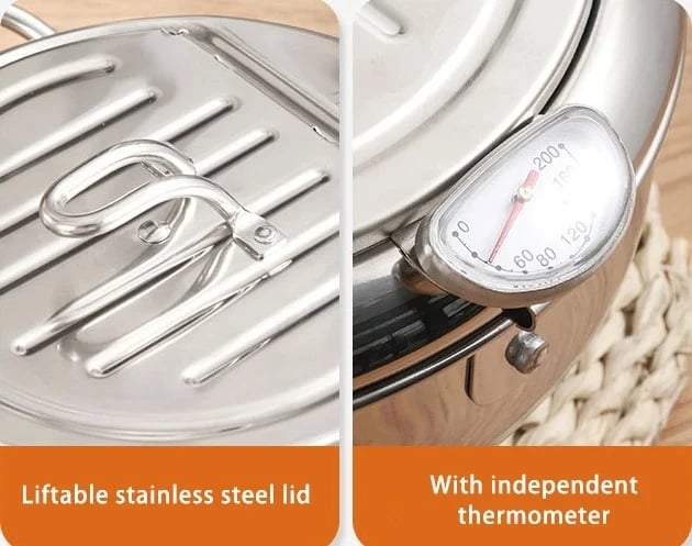 304 Stainless Steel Tempura Fryer Pot – Thermometer, Drain Rack, Deep‑Body ✨