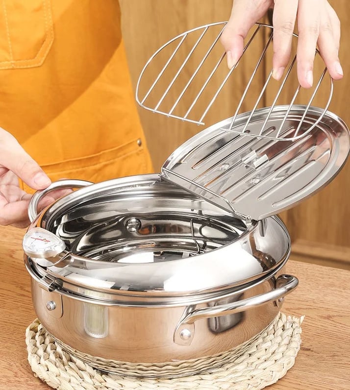 304 Stainless Steel Tempura Fryer Pot – Thermometer, Drain Rack, Deep‑Body ✨