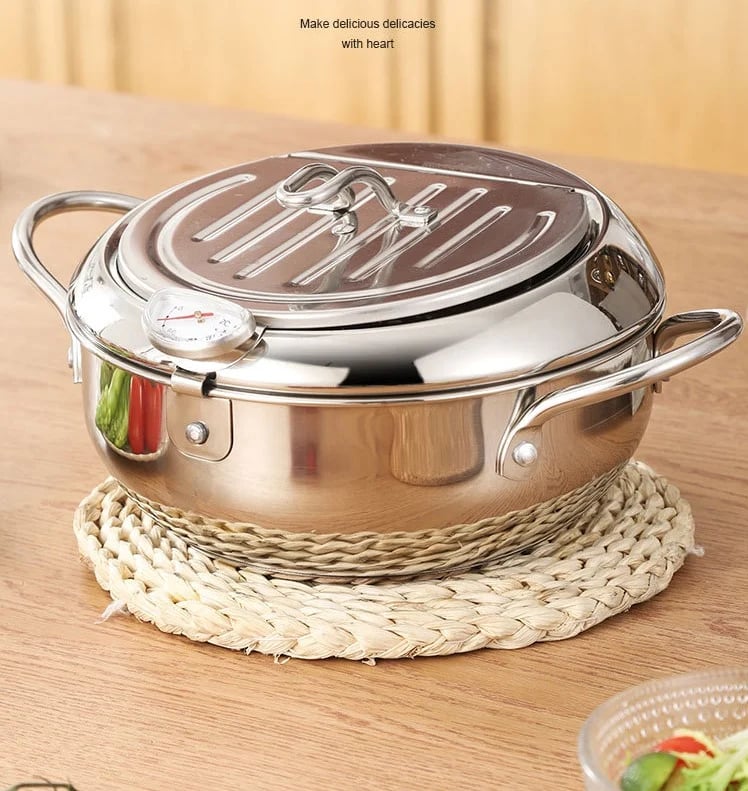 304 Stainless Steel Tempura Fryer Pot – Thermometer, Drain Rack, Deep‑Body ✨