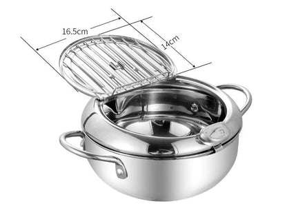 304 Stainless Steel Tempura Fryer Pot – Thermometer, Drain Rack, Deep‑Body ✨