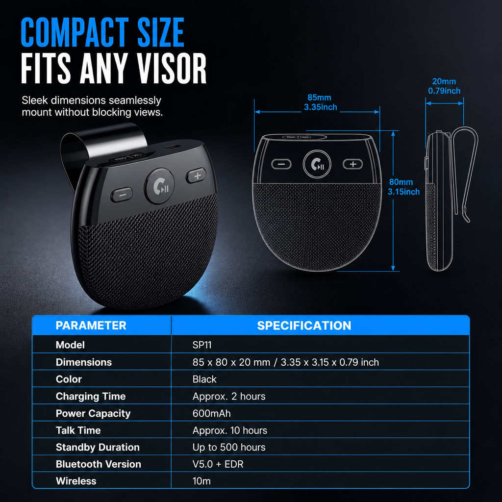 Car Sun Visor Bluetooth Speakerphone – Vibration Auto Power On, Hands-Free Calls 📞