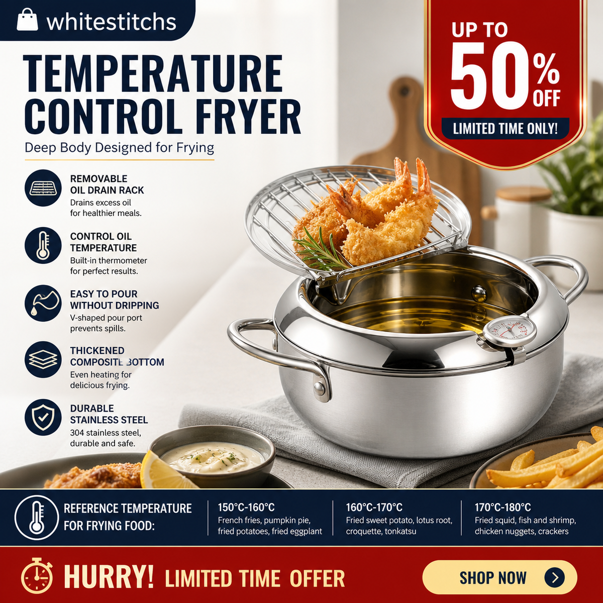 304 Stainless Steel Tempura Fryer Pot – Thermometer, Drain Rack, Deep‑Body ✨